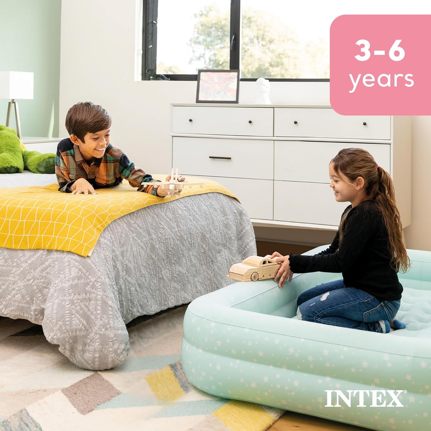 image:imageIntex 66810EP Kids Travel Air Mattress Inflatable Bed with Raised Sides and Hand Pump Portable BlowUp Toddler Traveler Bed for Childrens Naps or SleepGrey