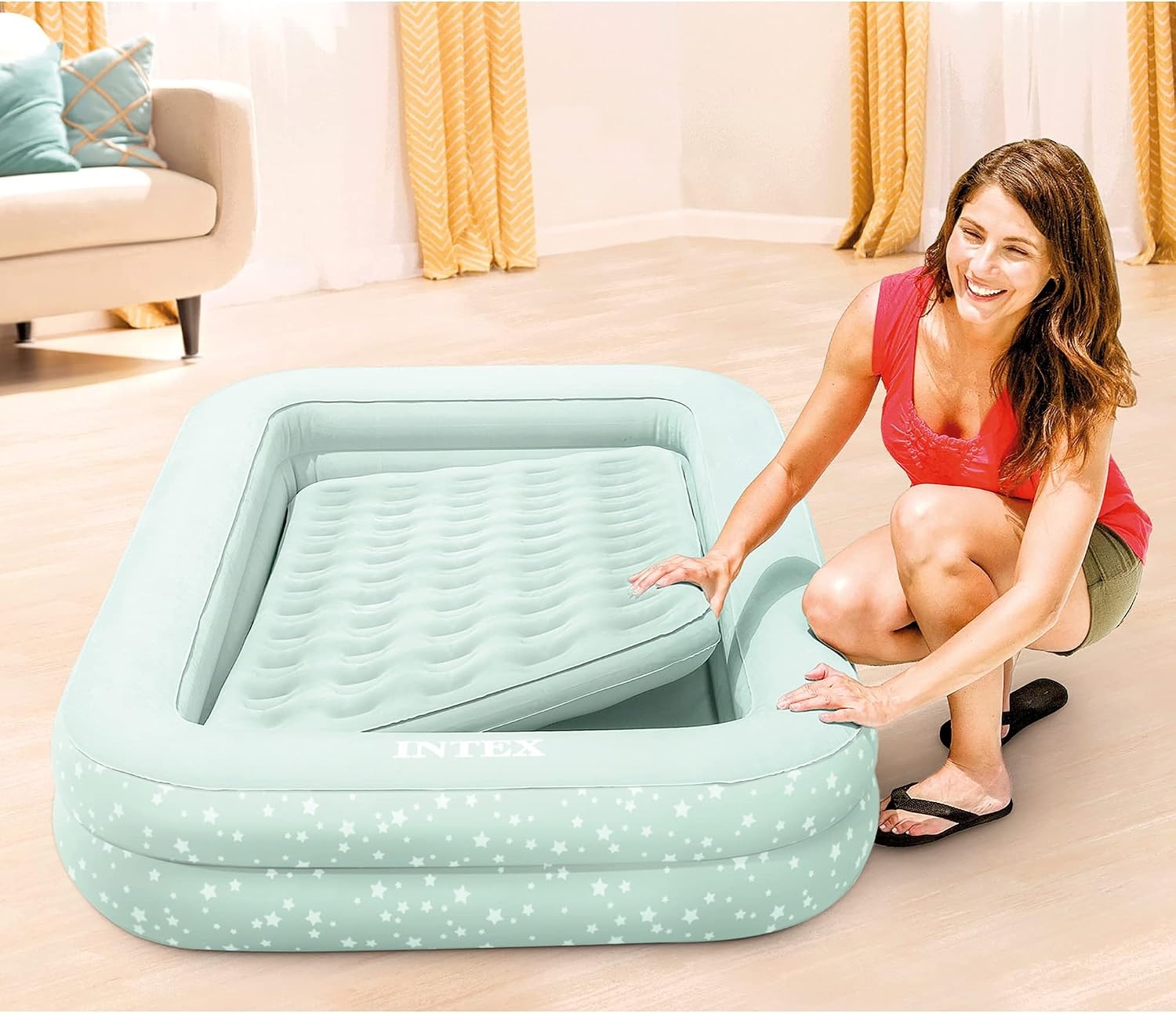 image:imageIntex 66810EP Kids Travel Air Mattress Inflatable Bed with Raised Sides and Hand Pump Portable BlowUp Toddler Traveler Bed for Childrens Naps or SleepGrey