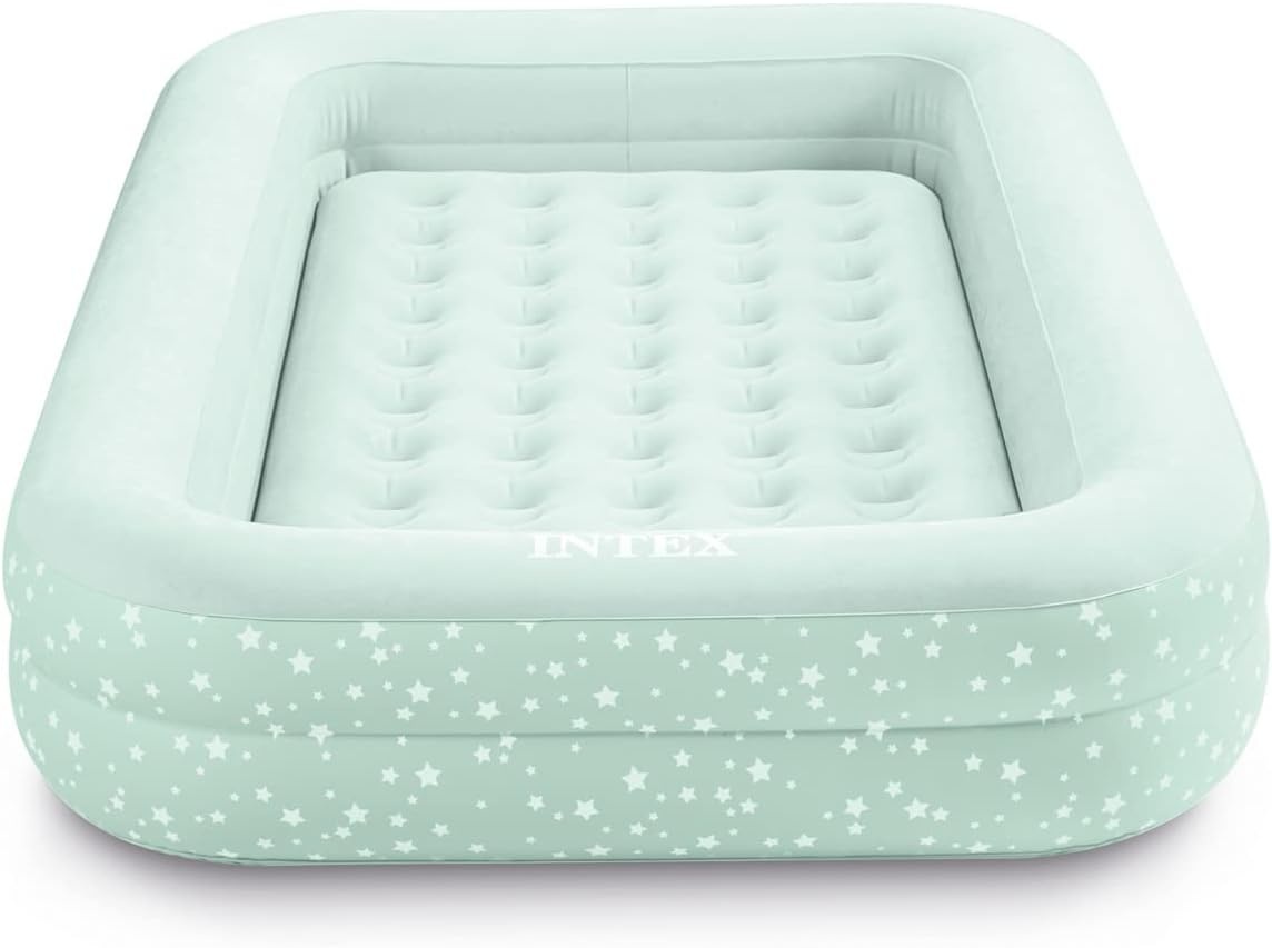 image:imageIntex 66810EP Kids Travel Air Mattress Inflatable Bed with Raised Sides and Hand Pump Portable BlowUp Toddler Traveler Bed for Childrens Naps or SleepMint Green Pack of 3