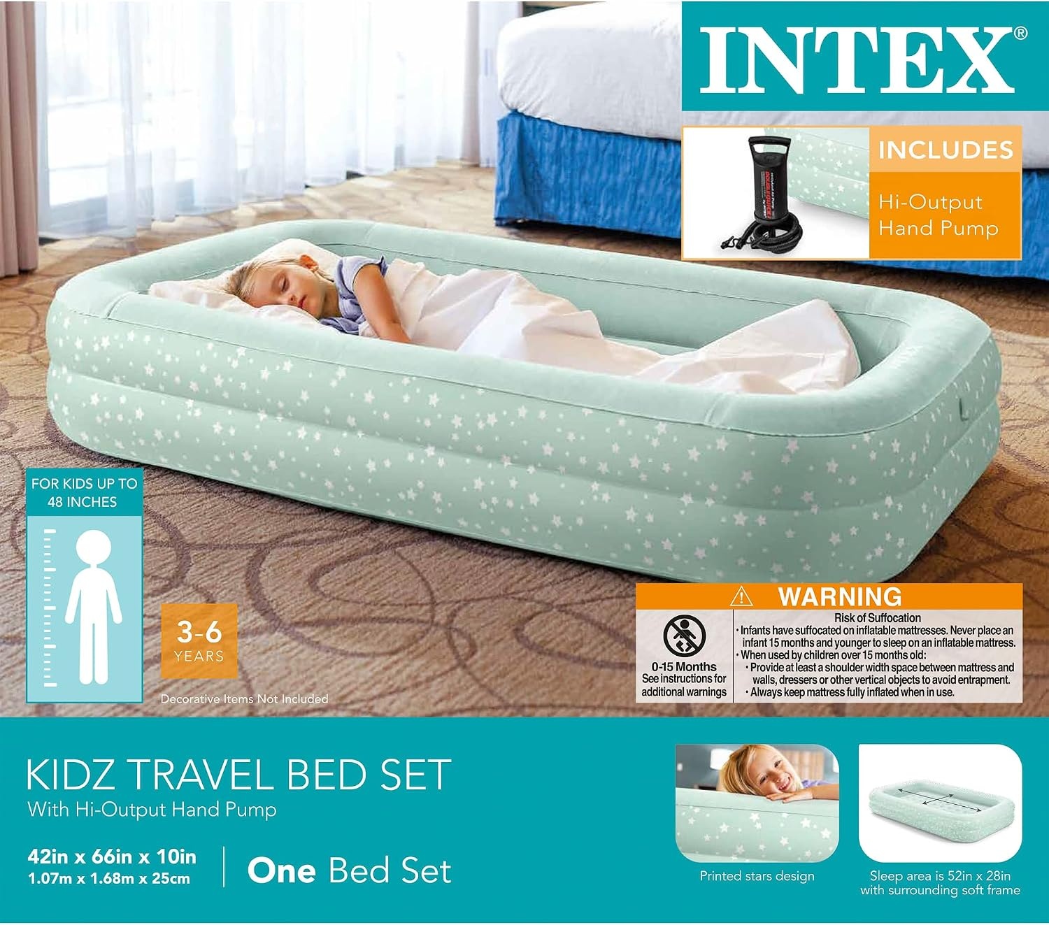 image:imageIntex 66810EP Kids Travel Air Mattress Inflatable Bed with Raised Sides and Hand Pump Portable BlowUp Toddler Traveler Bed for Childrens Naps or SleepGrey